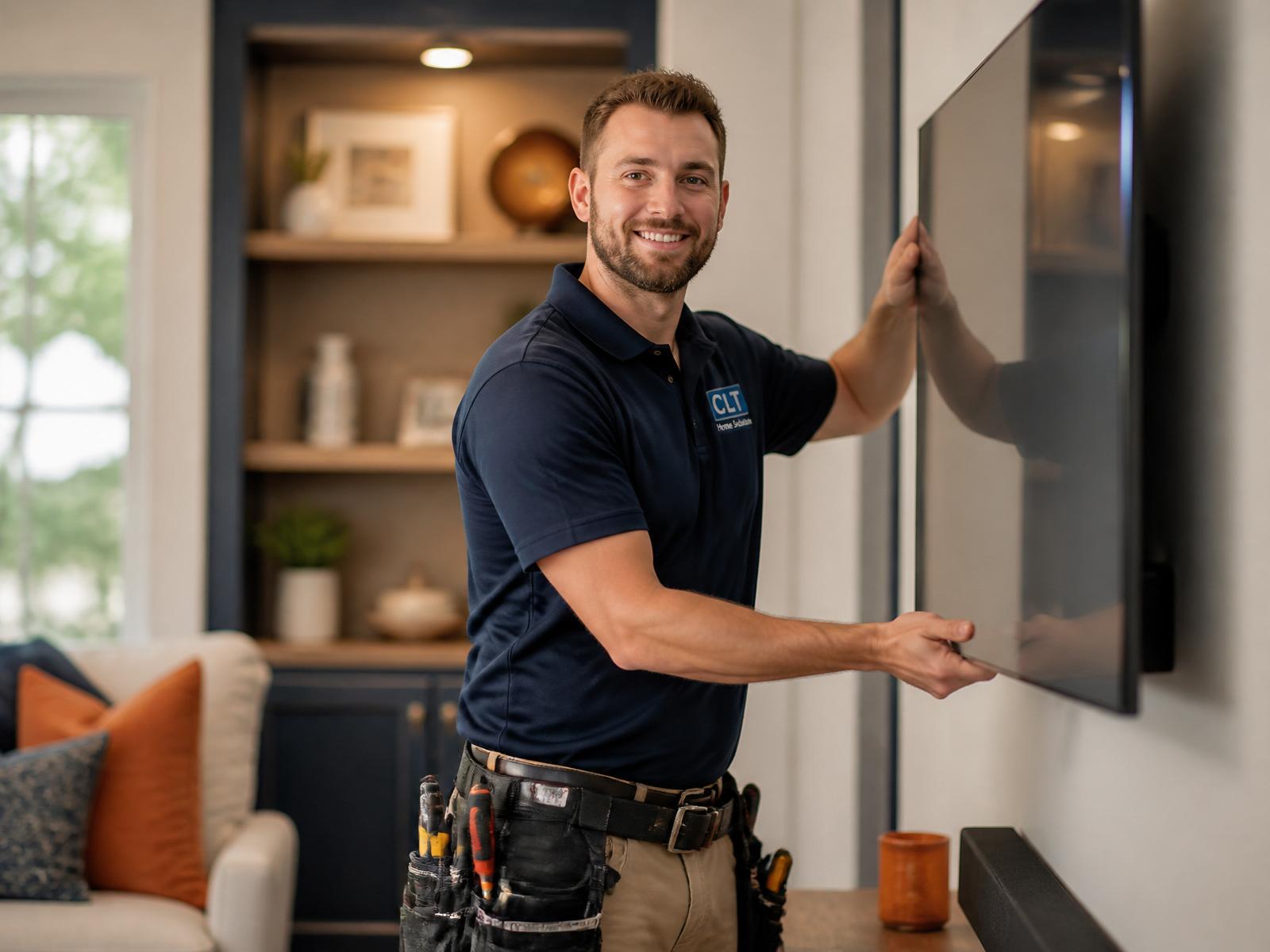 Handyman installing a wall-mounted TV in a Charlotte home